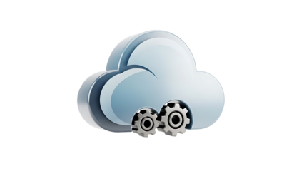 A cloud computing icon with gears on a transparent background