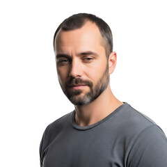Fototapeta premium A man with a beard and mustache wearing a gray t-shirt on transparent background