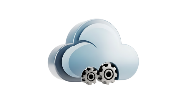 A cloud computing icon with gears on a transparent background - Powered by Adobe