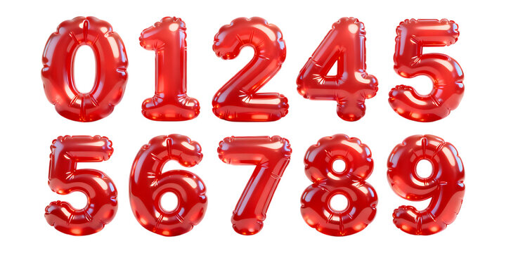 a vibrant collection of red balloon numbers from zero to nine displayed on transparent background high quality professional detailed modern elegant