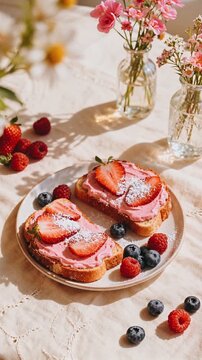 strawberry cream toast with fresh berries, powdered sugar, and floral table setting for breakfast