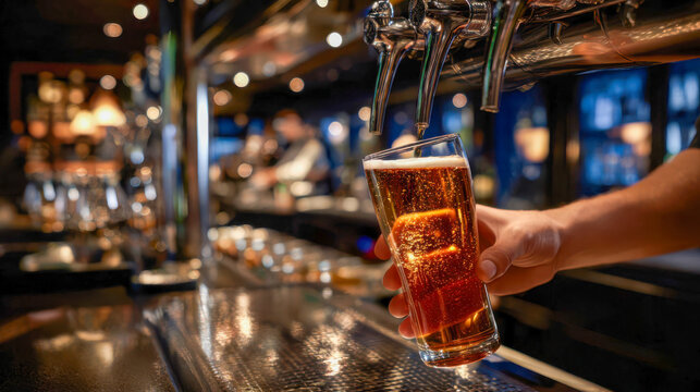 Bartender fills glass with beer at bar during evening hours in busy nightlife setting