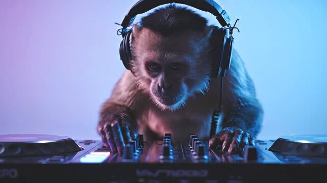 Funny capuchin monkey DJ with headphones intensely mixing music on a turntable under vibrant pink and blue lights