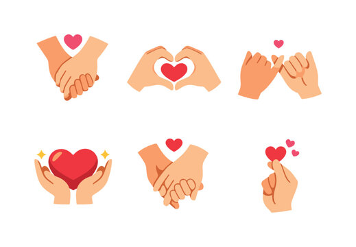 Love and relationships flat icons set. featuring hand holding, heart hands, pinky promise, heart in hands, and heart gesture symbols
