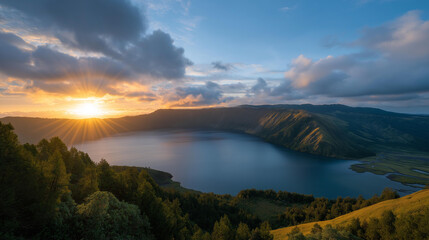 A breathtaking sunset over a volcanic crater lake showcases vibrant colors reflecting off the water, attracting photographers and nature lovers wanting to capture the majestic beauty of natural
