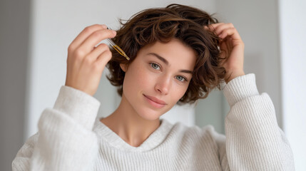 Naklejka premium An individual applying a drop of oil from a pipette directly onto their concealed scalp, focusing on the benefits of treatment and care in maintaining healthy hair levels. The technique reflects
