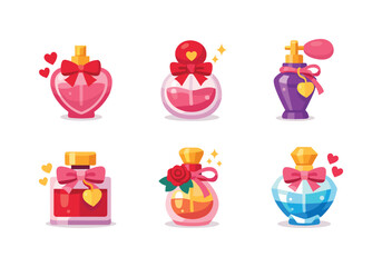 Fototapeta premium Perfume bottles flat icon set. featuring heart, bow, sparkle, rose, and diamond cap symbols