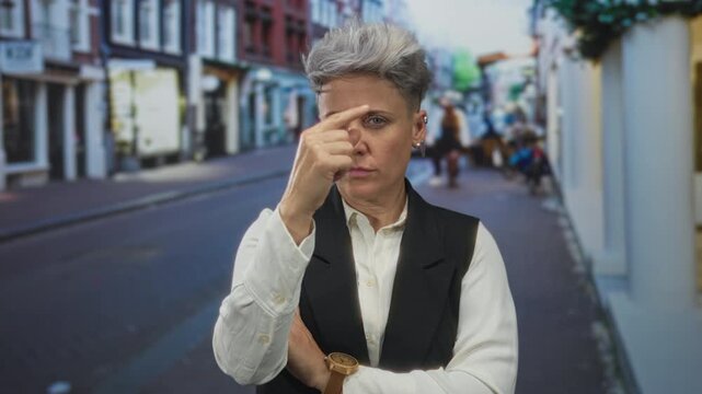 Woman in white shirt and black vest makes throat cut gesture across her neck on street; intimidation threat.