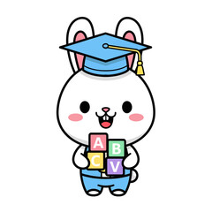 Cute cartoon rabbit wearing graduation cap holding colorful alphabet blocks
