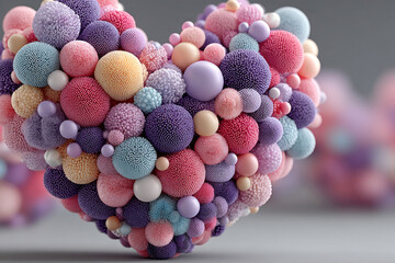 An abstract 3D composition in the shape of a heart, assembled from numerous soft spherical elements of varying sizes and textures. 