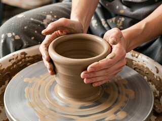 Fototapeta premium Hands shaping clay pot on spinning pottery wheel