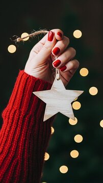 wooden star ornament held in hand with red nails and festive lights background