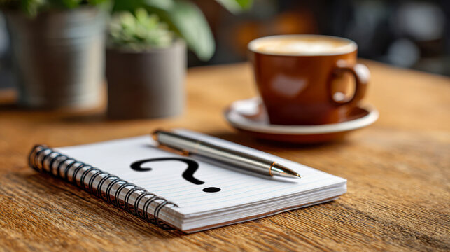 Note pad with question mark beside a coffee cup on a wooden table in a caf&eacute; during the afternoon