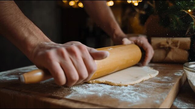 A baker rolls out fresh dough for Christmas baking. A beautiful shot with flying flour, warm lighting, and Christmas decor. Traditional home cooking and comfort.
