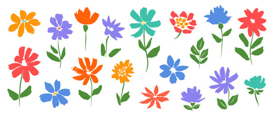 Hand drawn floral collection with colorful spring flowers and green leaves isolated on white background. Minimalist vector botanical set of vibrant wildflowers in modern hand drawn brush stroke style.