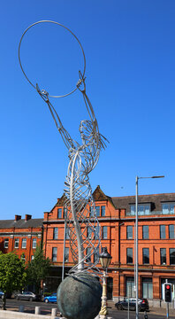 BELFAST NORTHERN IRELAND UNITED KINGDOM 06 03 2023: Beacon of Hope or Thanksgiving Square Beacon public art metal sculpture by Andy Scott 19.5 metres high constructed in 2007