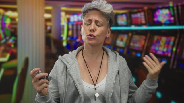 Woman holding stopwatch in a casino building with tense expression and closed eyes as she counts seconds; impatience.