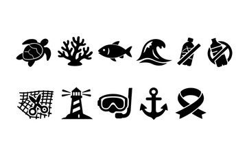 Fototapeta premium Marine life and ocean conservation solid icon set. Sea creatures and pollution symbols