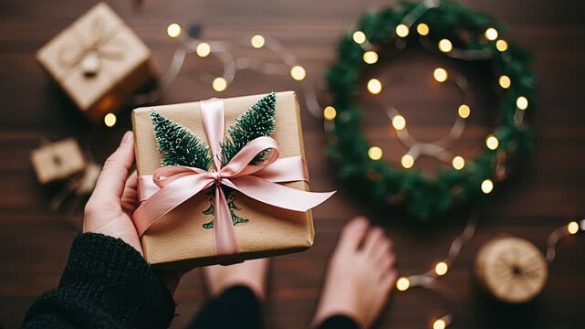 hand holding wrapped christmas gift with pine decoration and warm holiday lights on wooden table