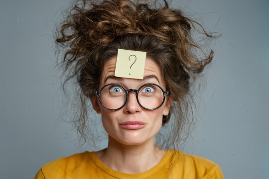 Crazy Woman with Curious Expression and Sticky Note on Forehead for Quirky