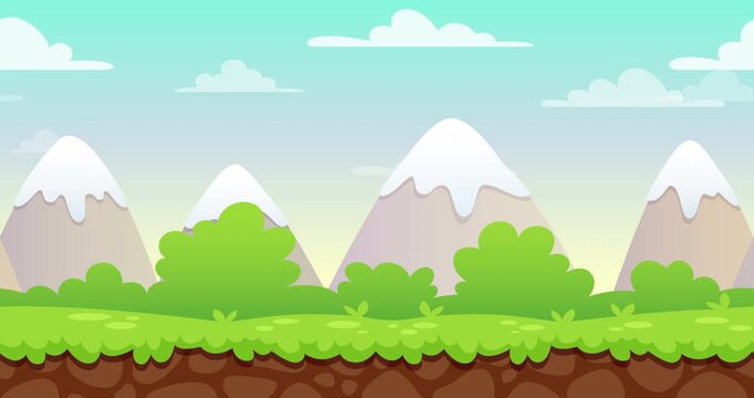 Moving landscape with grass and mountains. Background for game in flat style. 4k stock footage