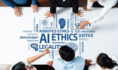 A group of professionals engages in a collaborative discussion about AI ethics, emphasizing trust, justice, and transparency while exploring its societal impacts. Amity