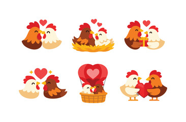 Naklejka premium Valentine chickens flat icon set. featuring love, nest, gift, hot air balloon, and heart symbols