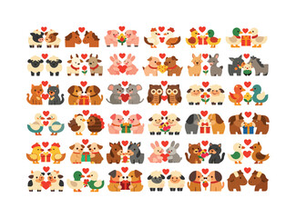 Animal couple flat icon set. featuring pigs, ducks, dogs, owls, sheep, and cats in romantic settings