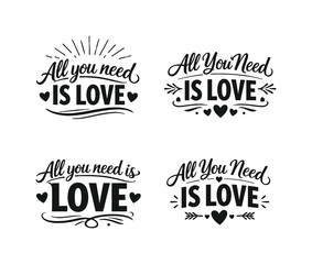 Fototapeta premium Love quotes silhouette icon set. featuring love titles, hearts, decorative elements