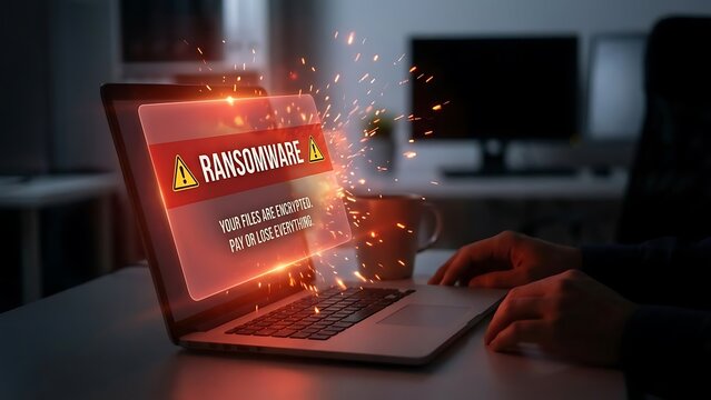 Ransomware cyber attack on laptop computer.