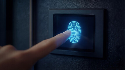 Finger pressing glowing fingerprint scanner on digital display, biometric authentication for secure access control, data protection and modern touch based identity verification