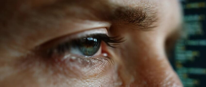 A close-up of a human eye reflecting computer code details.