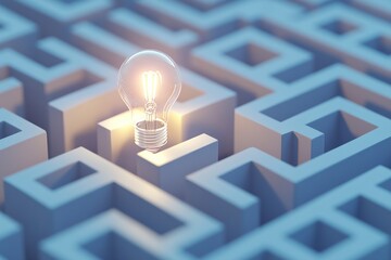 Close up view of a minimalist maze design with a bright light bulb at the exit showing problem solving and idea development with a blue and white background