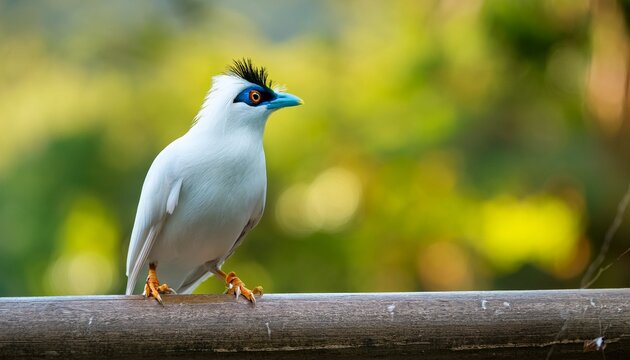 Bali Myna Leucopsar Rothschildi Perched On Wooden Rail With Blurred Green Background In Hong Kong