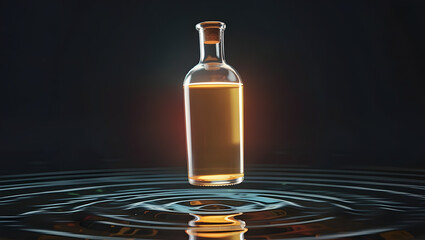 A glass bottle filled with glowing liquid hovering above water