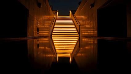 A glowing staircase reflected infinitely in calm water