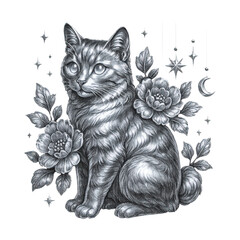 PNG Cat with flowers and stars