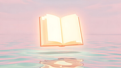 A glowing book with blank pages hovering above pastel water