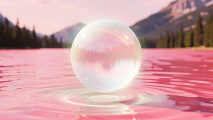 A glowing orb of pearlescent glass hovering just above the surface of a pink lake