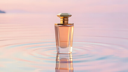 A luxury perfume bottle standing alone on mirror still pastel water