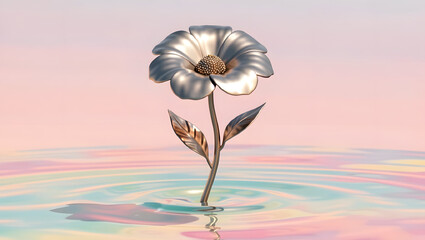 A metallic flower blooming slowly above pastel water