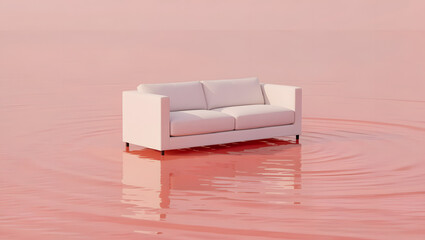 A minimalist sofa drifting on calm rose colored water