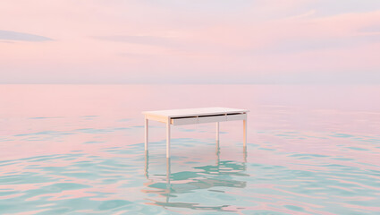 A minimalist desk drifting in an endless pastel ocean