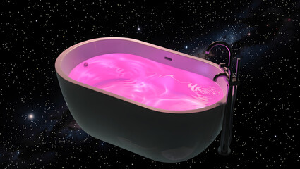 A modern bathtub filled with glowing pink water floating in open space