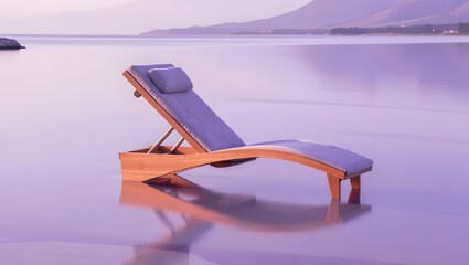 A modern lounge chair drifting on mirror smooth lavender water