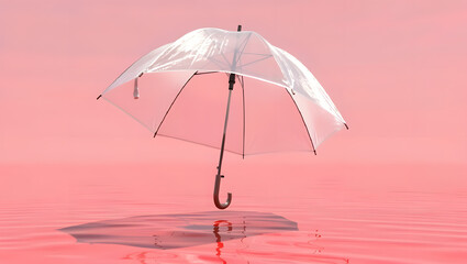 A translucent umbrella floating upside down above still pink water