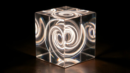 A transparent cube containing swirling light