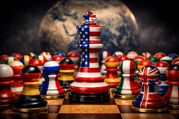 American dominance in world politics, strategic concept on a chessboard.