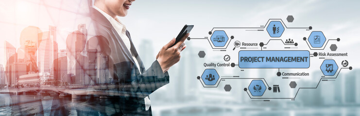 A businessman engages with a mobile device, surrounded by visual representations of project...