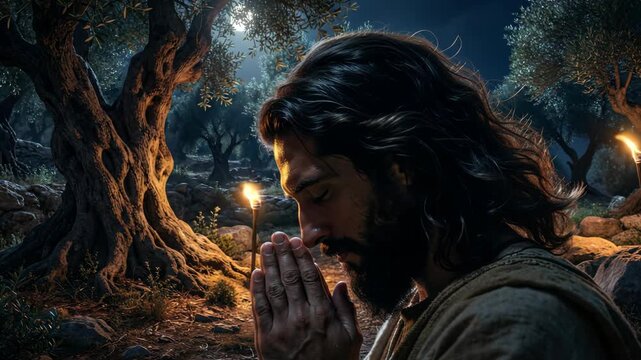 AI genereted video Cinematic Jesus Christ Praying in Agony in the Garden of Gethsemane Olive Grove before Crucifixion. Emotional Spiritual Christian Motion Background for Easter, Lent and Holy Week